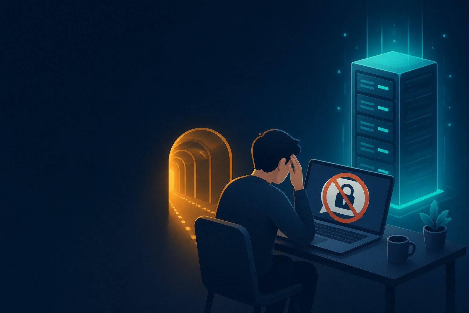 一位用戶面對被封鎖的帳號，旁邊是 VPN 隧道與伺服器